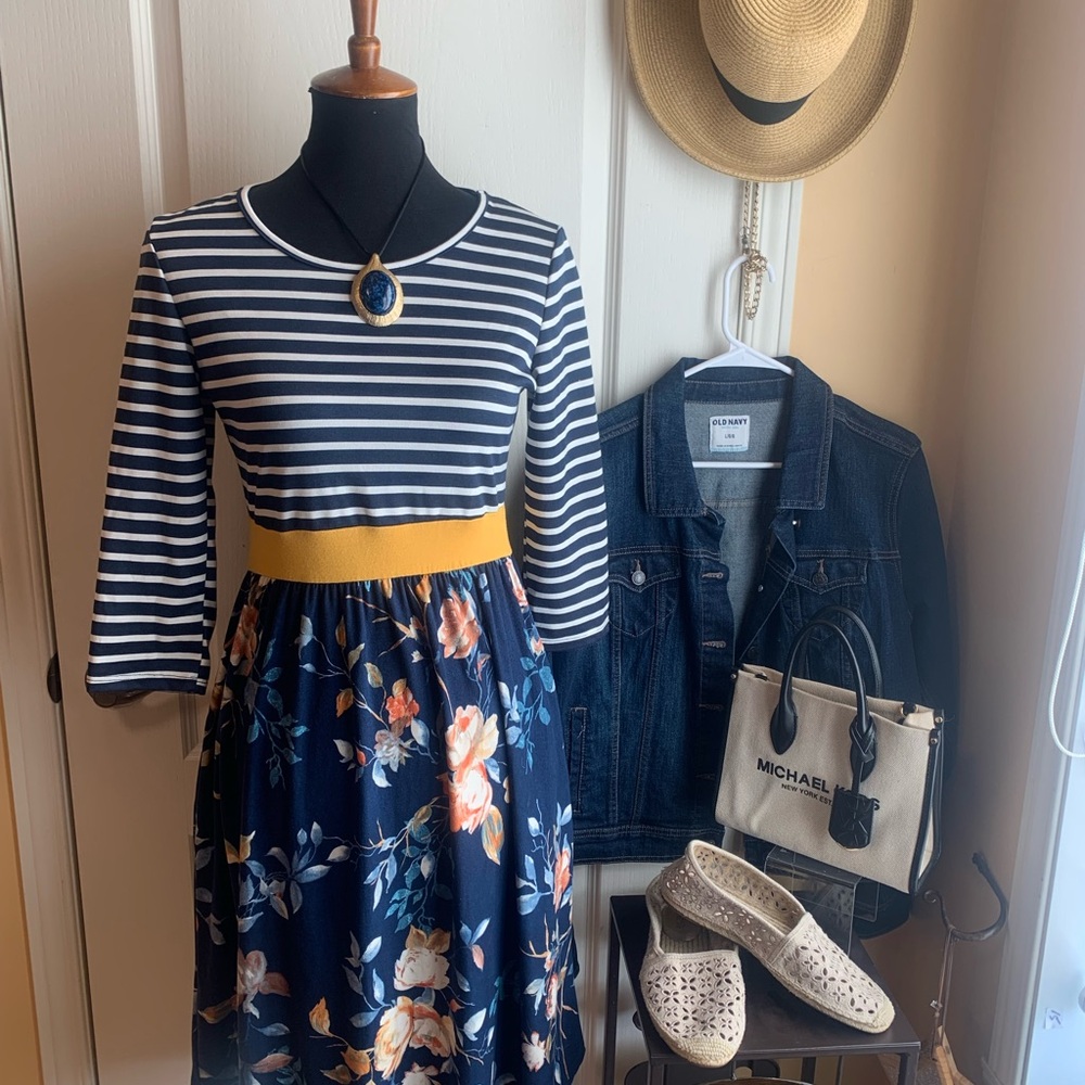 Stripes Floral Midi soft  nautical Dress pockets by Egy